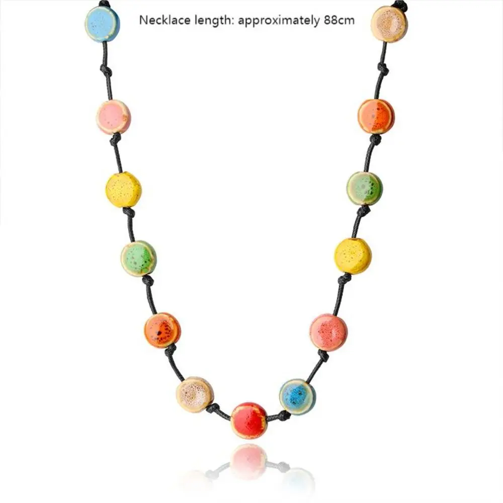 Colorful Ceramic Necklace Boho Style Handmade Adjustable Necklace Simple Woven Rope Sweater Chain Necklace Jewelry Accessories