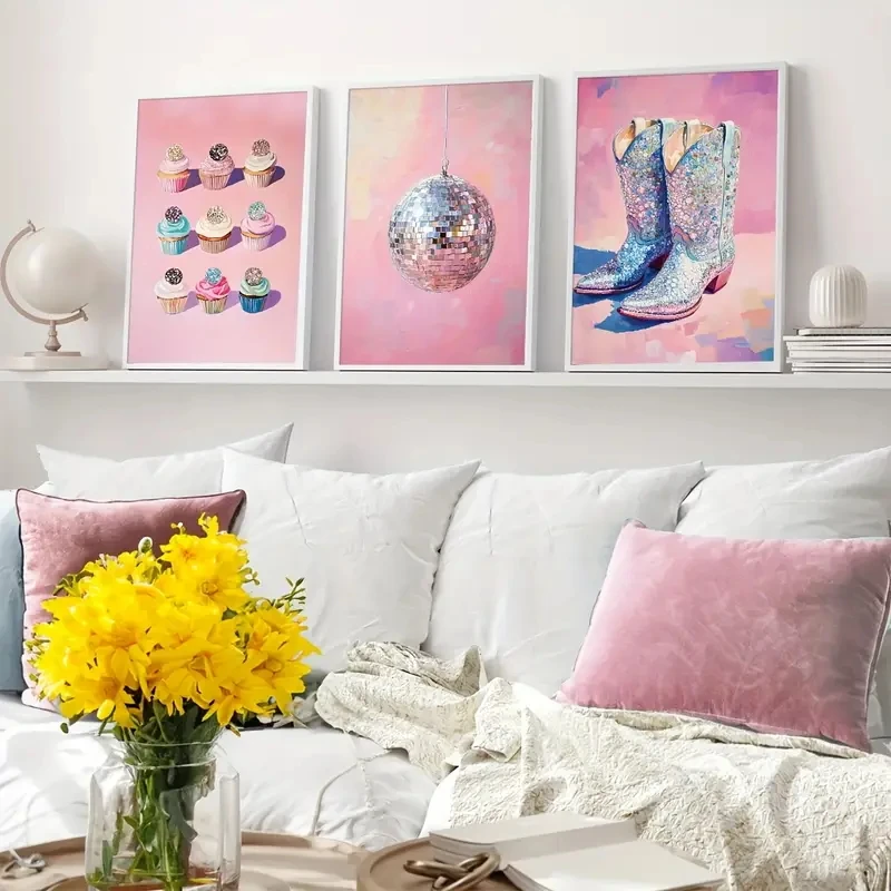 3pcs/Set Abstract Pink Disco Ball Boots Cupcakes Fashionable Wall, Artistic Mirror Balls, Canvas Posters, Modern Home Decoration - view 4
