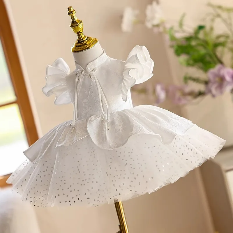

Flower Girl Wedding Little Girl Dress2025Summer White Baby Girl First Birthday New Chinese Style Princess Dress