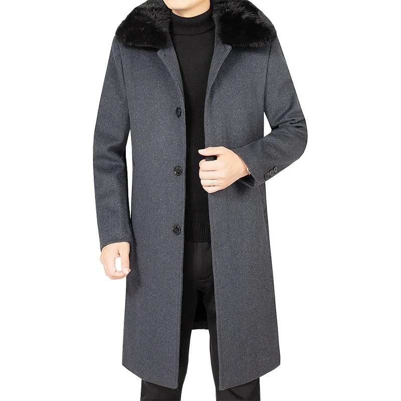 New Winter Men Fleece Fur Collar Woollen Overcoats Cashmere Long Jackets Trench Coats Quality Male Thicker Warm Coat Wool Blends