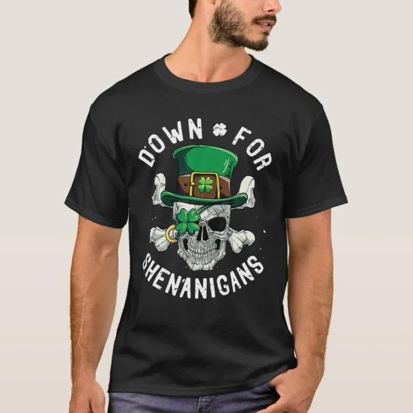 Down For Shenanigans St Patricks Day Leprechaun Pirate Skull T-Shirt 100% Cotton O-Neck Summer Short Sleeve Casual Mens T-shirt