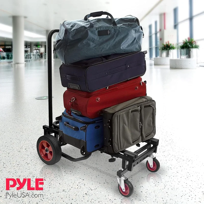 Pyle Compact Folding Adjustable Equipment Cart - Heavy Duty 8-in-1 Convertible Cart Hand Truck/Dolly/Platform Cart with R-Trac
