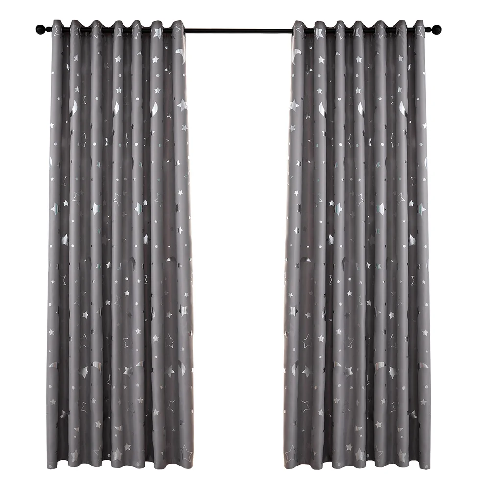 

1 pc 100X250Cm Grey Silver Stars Moon Print Polyester Blackout Heat Insulation Window Curtain For Living Room Bedroom Slide