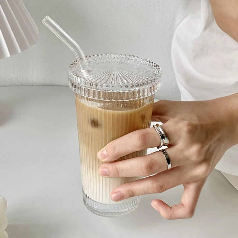 375Ml Simple Stripe Glass Cup With Lid and Straw Transparent Bubble Tea Cup Juice Glass Beer Can Milk Mocha Cups Breakfast Mug image 3