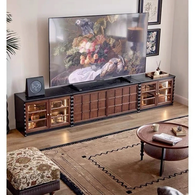 Mesa de centro francesa de madera maciza, mueble de TV negro, combinación de sala de estar americana, armario pequeño para apartamento, almacenamiento de suelo retro