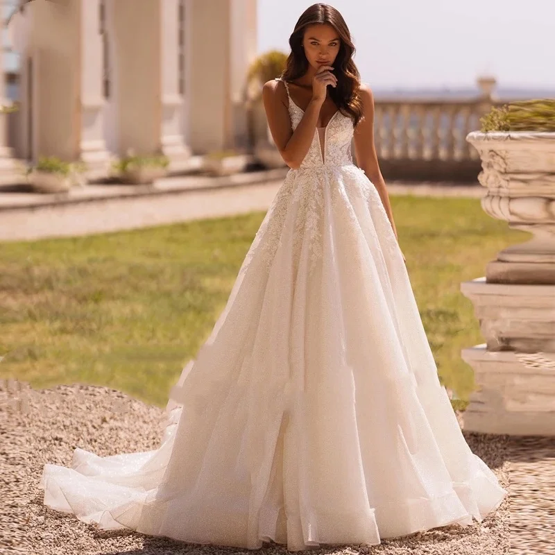 Vestidos de novia de tul con apliques y cuello en V para mujer, vestido de noche con espalda descubierta y corte acampanado, vestidos de novia personalizados