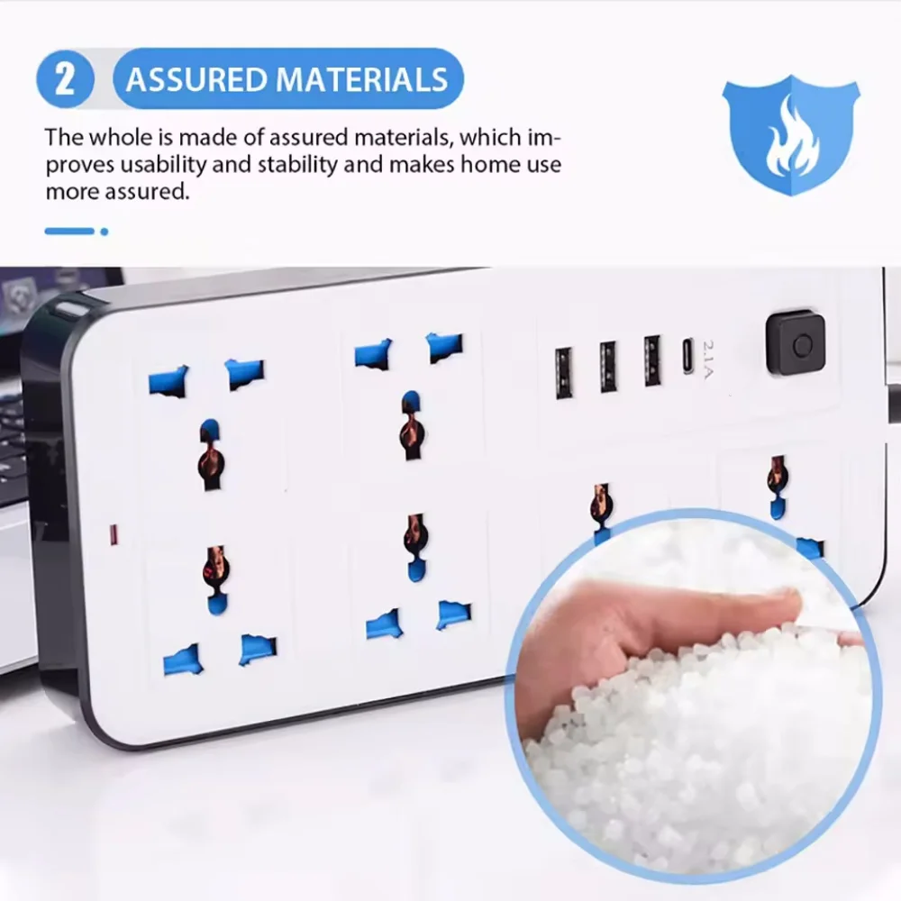 Universal Power Strip TypeC USB Port Outlet Power Strip 2M Extension Cord AC Power Socket Charge Electrical Socket EU US UK Plug view 3