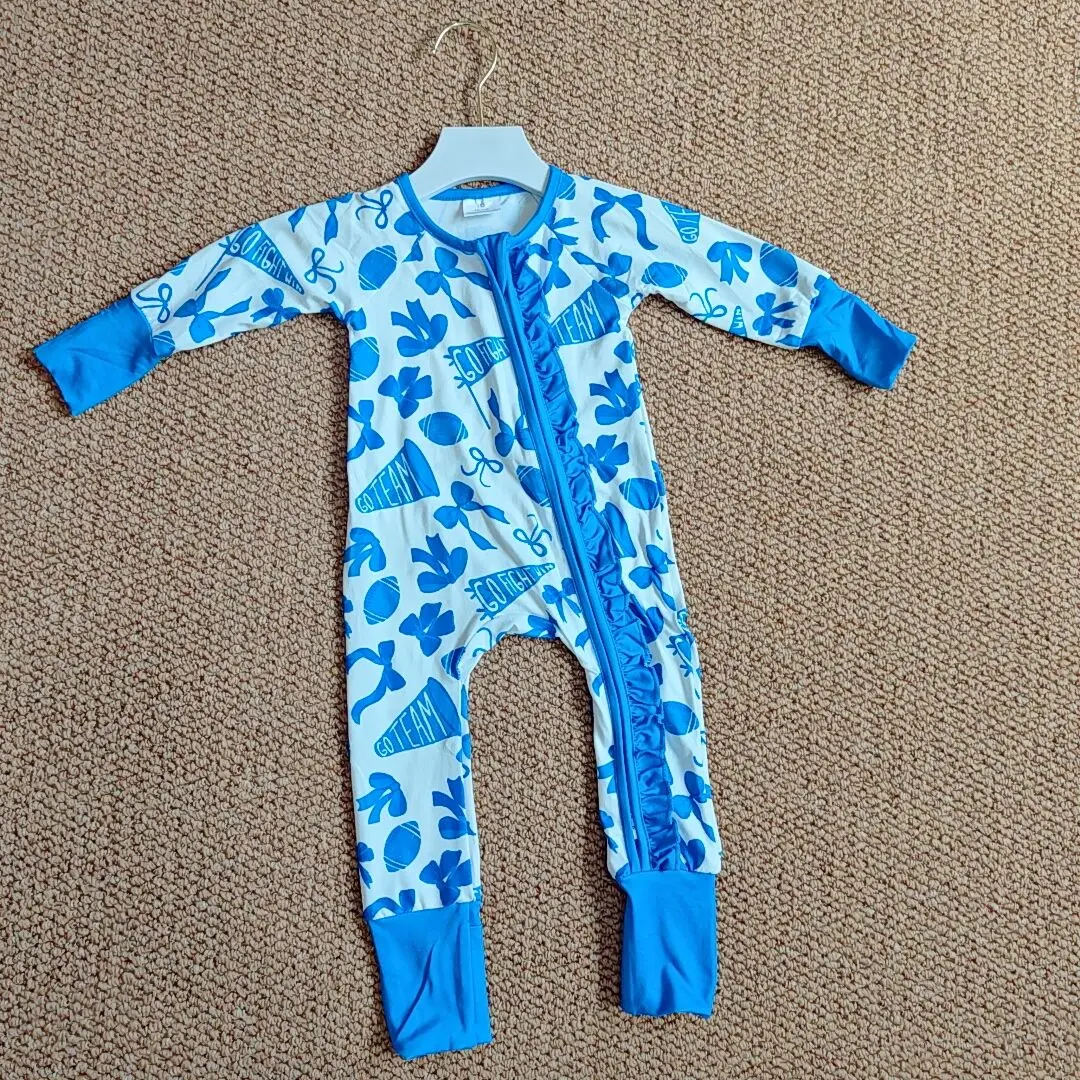 

9.25 Baby Winter Rompers Baby Girls Team Blue Bows Cheer Footballs Ruffle Zipper Footie Rompers