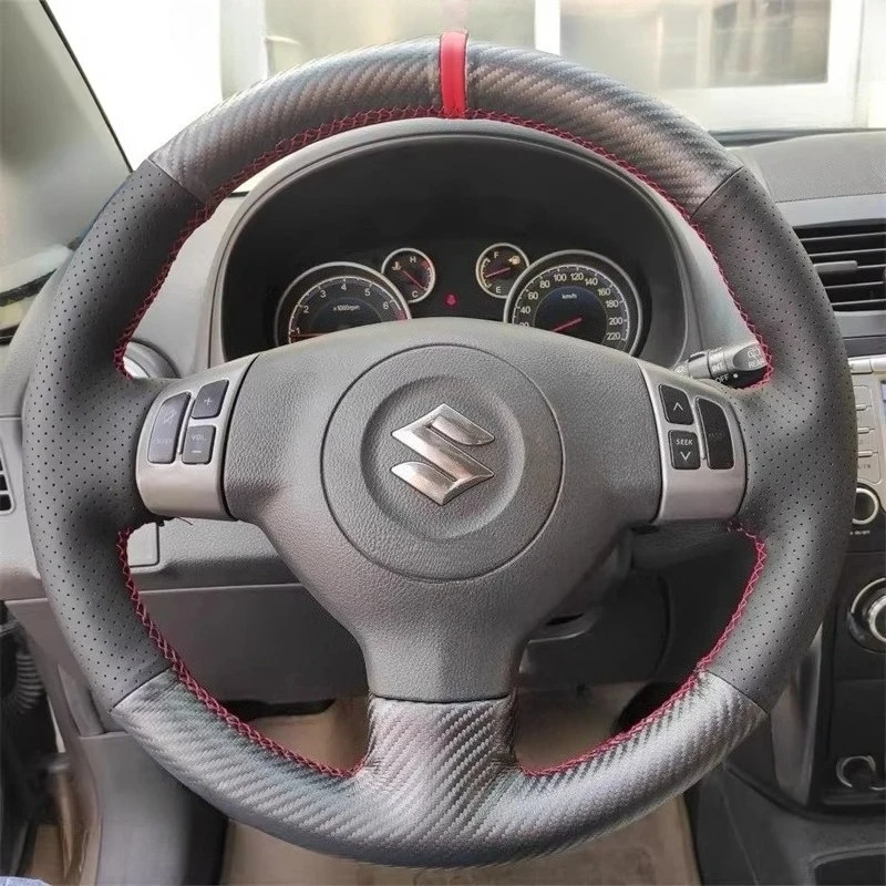 Hand-stitched carbon fiber faux leather steering wheel cover suitable for Suzuki SX4 Alto older Swift models and Opel Agila