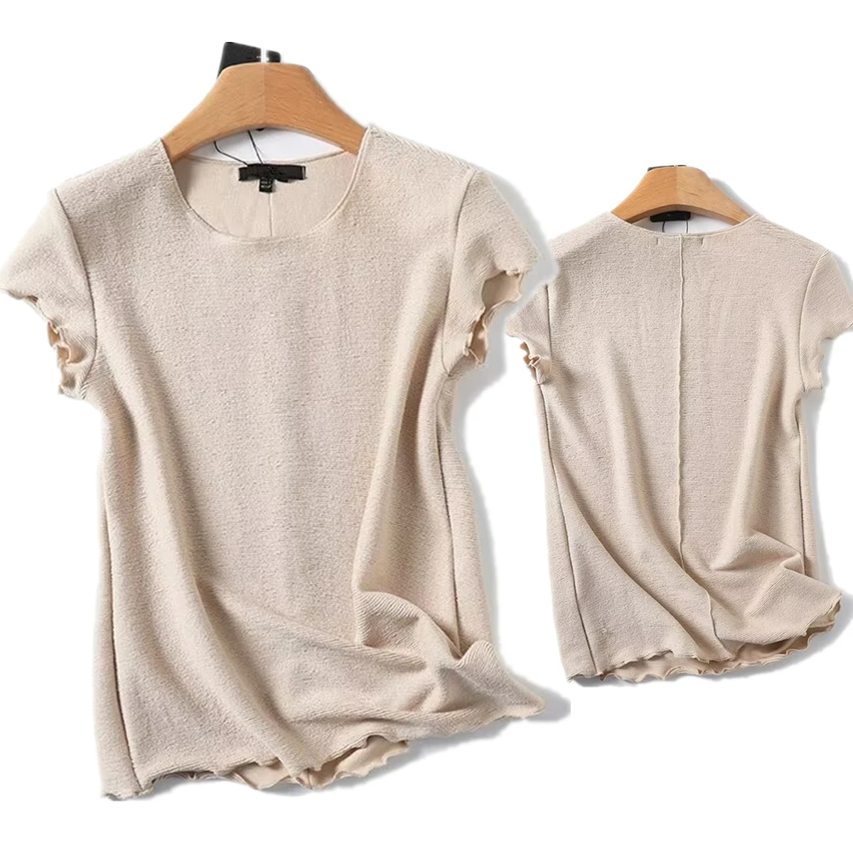 

Jenny&Dave Minimalist Round Neck T-shirt French Elegant Beige Knitted T-shirt Top For Women Summer T-shirt For Women