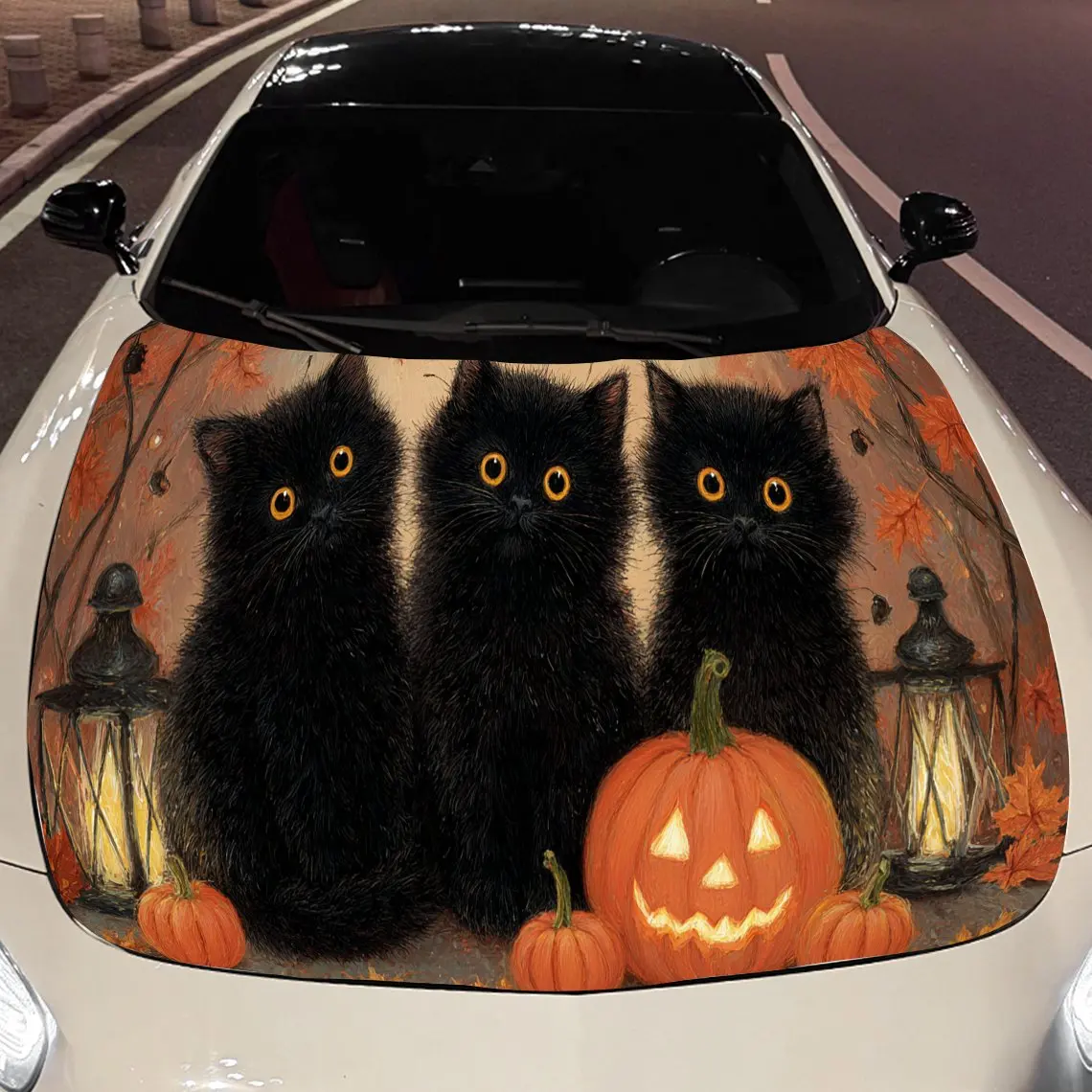 

Хэллоуин Черные кошки и тыква Наклейка на капот двигателя автомобиля, автоматические виниловые обертки, водонепроницаемая самоклеящаяся наклейка на автомобиль, прочная и т. д.