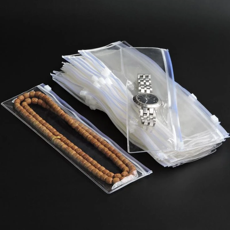 

50pcs Clear Plastic Watch Band Packaging Bag PVC Long Necklace Jewelry Display Zipper Storage Pouches Thicken