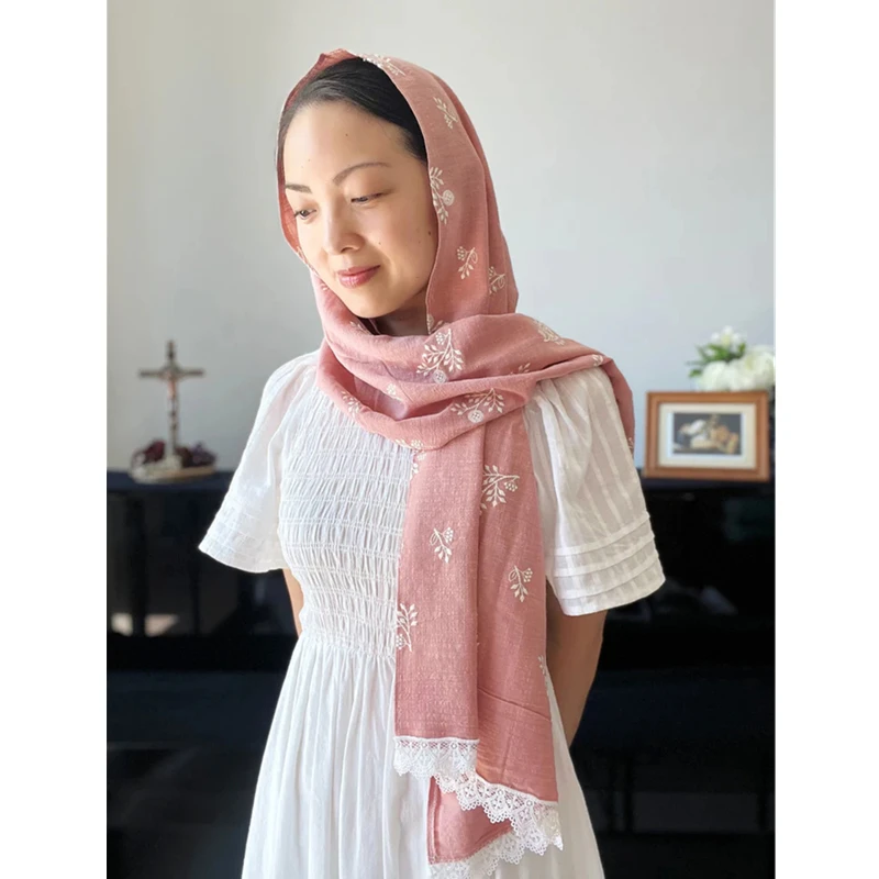 Cotton Rectangular Wrap Mantilla Veils For Church Chapel Catholic Mass Prayer Head Covering Pink Embroidered Floral Vintage Long