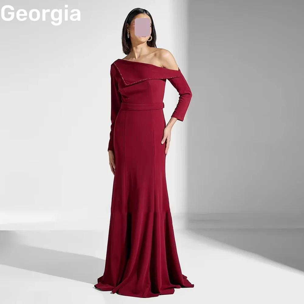 ปรับแต่งชุดราตรี ชุดราตรีทรงเมอร์เมดแบบไหล่เดียว ชุดสำหรับงานพิธีการ แขนยาว ซิปด้านหลัง ชุดราตรีงานพรอม ยาวกรอมพื้น ประดับด้วยลูกปัด