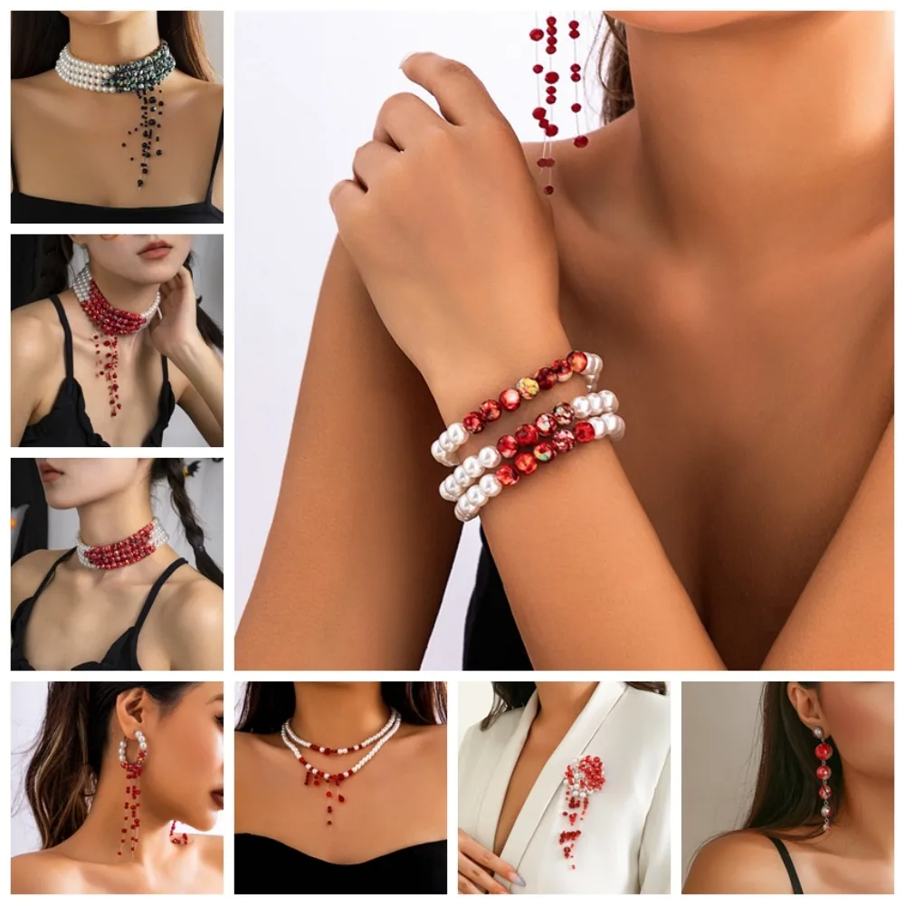 

Pearls Tassel Choker Gothic Blood Drop Necklace Imitation Pearl Clavicle Chain Jewelry Gothic Blood Drop Earrings