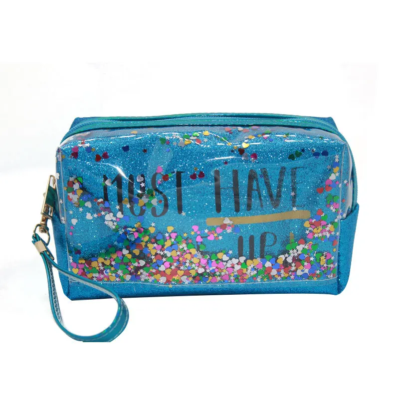 Glittering Colorful letters print Toiletry makeup bag sequins splicing PVC quicksand waterproof colorful travel bag