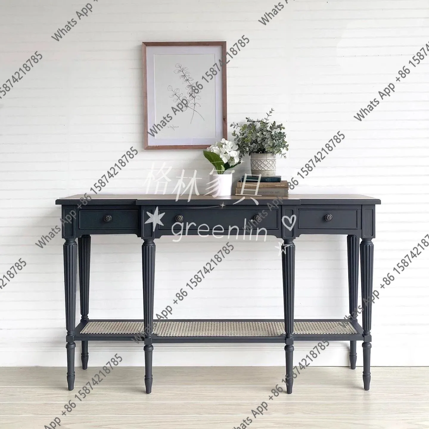 French retro entrance table/American rural solid wood double-layer rattan storage table/living room decoration entrance table