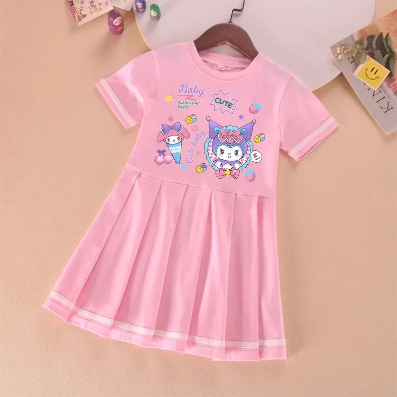 Sanrios Hellokittys Dress Kawaii Kuromi Girl Princess Dress Summer Cotton Short Sleeve Fashion Pleated Skirt Preppy Kids Clothes