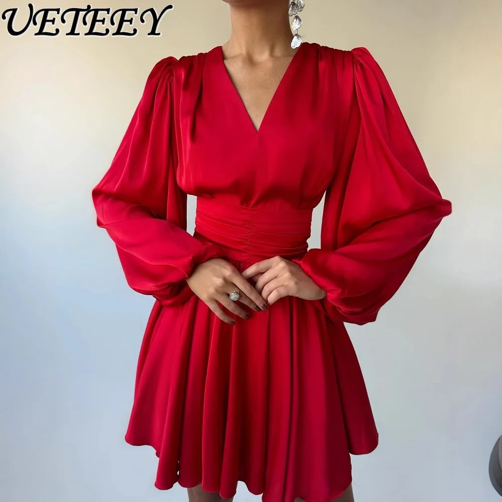 เดรสผ้าซาตินทรงเอไลน์ แขนยาวพอง สไตล์ฝรั่งเศส ระดับไฮเอนด์ สีพื้น คอวี ช่วงเอวเข้ารูป เหมาะสำหรับงานวันเกิด