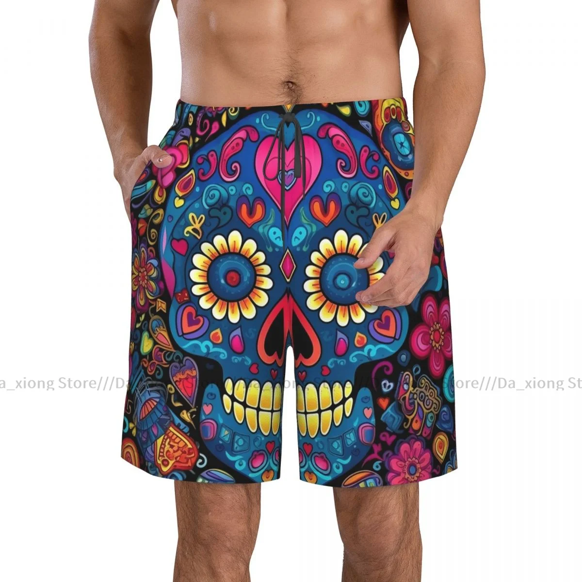 Mens Swimming Shorts Swimwear Day Of The Dead Skulls Acoustic Guitars Hearts Trunks Swimsuit Beach Wear Boardshorts