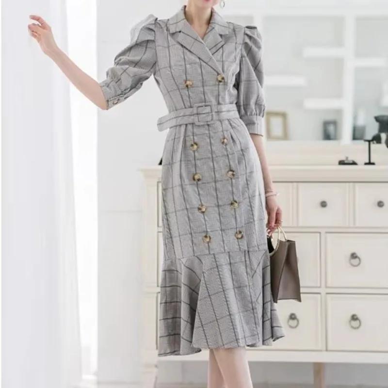 Chic Plaid Trumpet Dress Women Korean Notched Elegant Vestidos Office Lady Streetwear Business Womens Clothing with Sashes