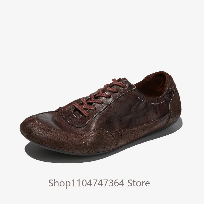 Handmade Horse Leather Training Shoes Men Flats Washed Casual Sport Oxfords Genuine Leather Outdoor Sneakers Male Leather Shoes