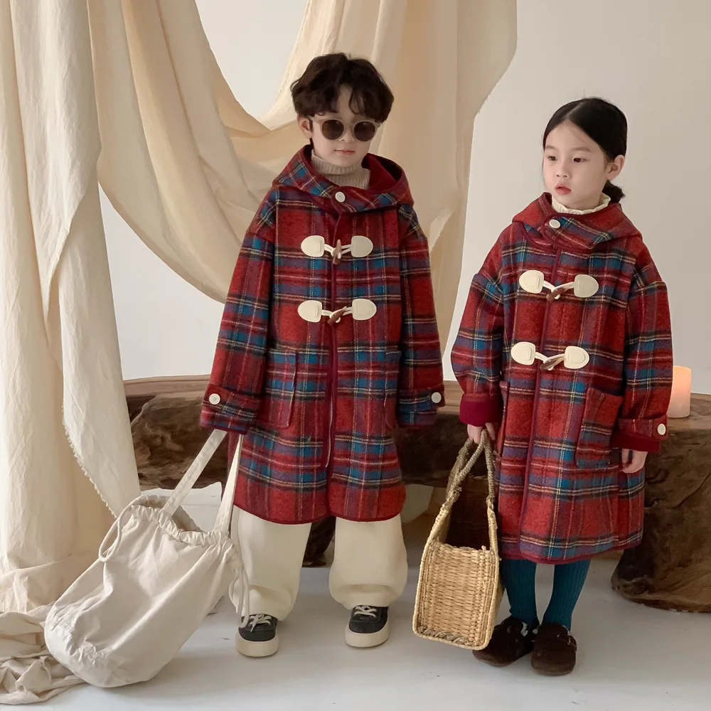 

2025 Winter Boys' and Girls' Korean Checkered Coat Children's Thick Hooded Medium to Long Coat