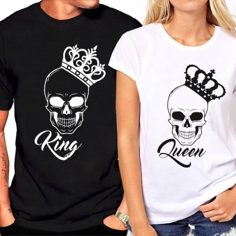 T-shirt manches courtes col rond femme, ample, avec tête de mort et couronne, pour Couple, amoureux de la mode