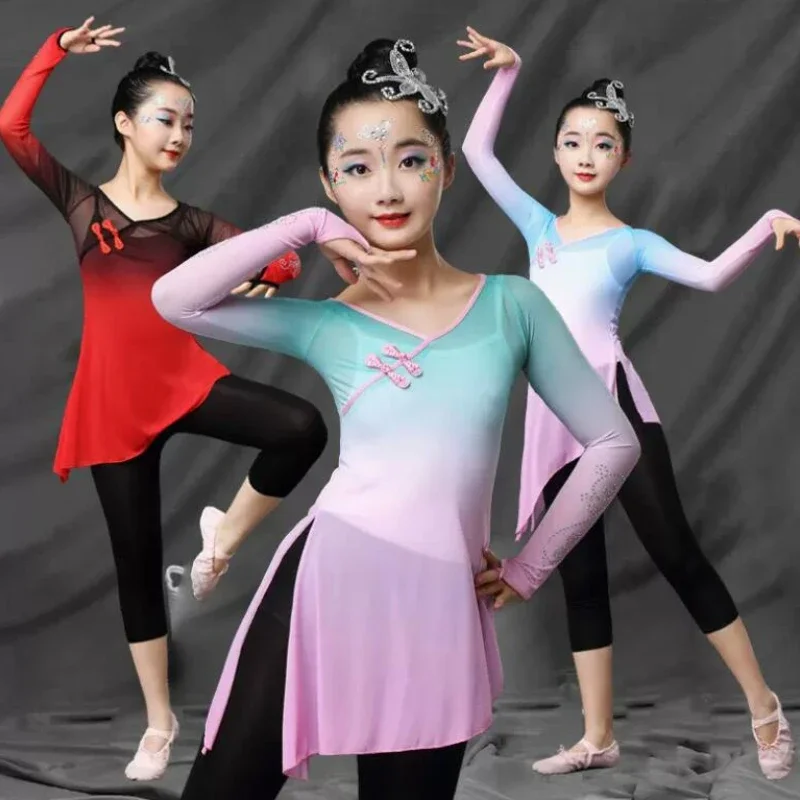 

Children Classical Dance Practice Tops Girls Chinese Dance Performance Costume Hanfu Outfit Yangko Dance National Stage Blouse