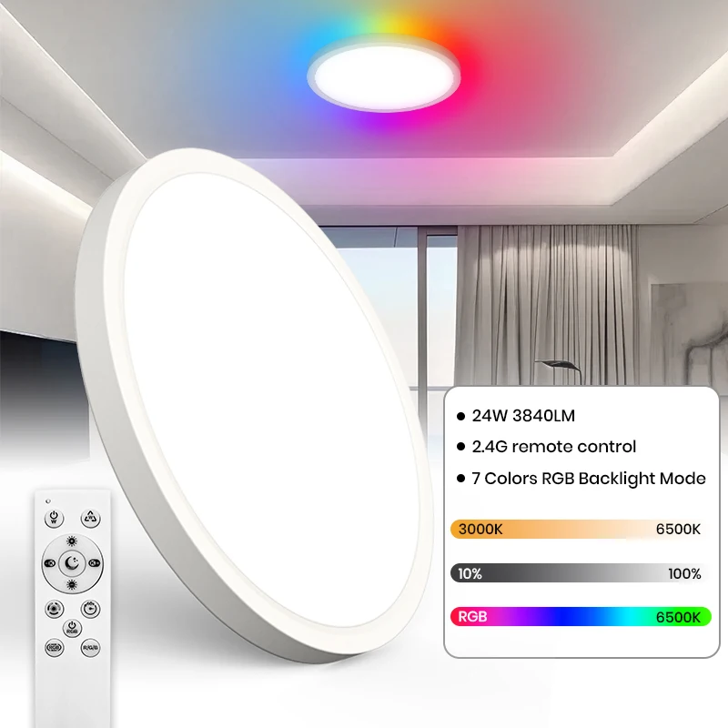 리모컨 밝기 조절 LED 천장 조명, RGB 평면 원형 천장 조명, 침실 주방 거실용, 3000K-6500K, 24W