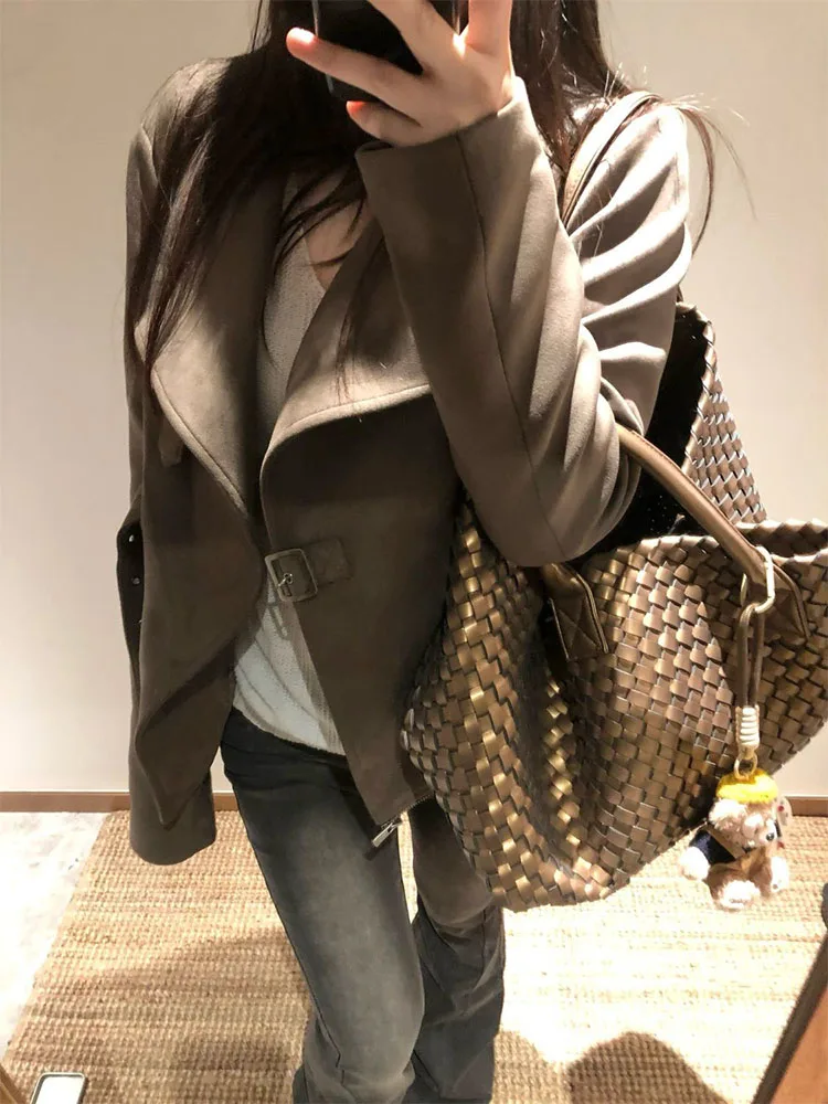 Retro American Suede Motorcycle Jaet Women's Spring Autumn New Design Large Collar Waist-Cinching Leather Jaet ort Coat