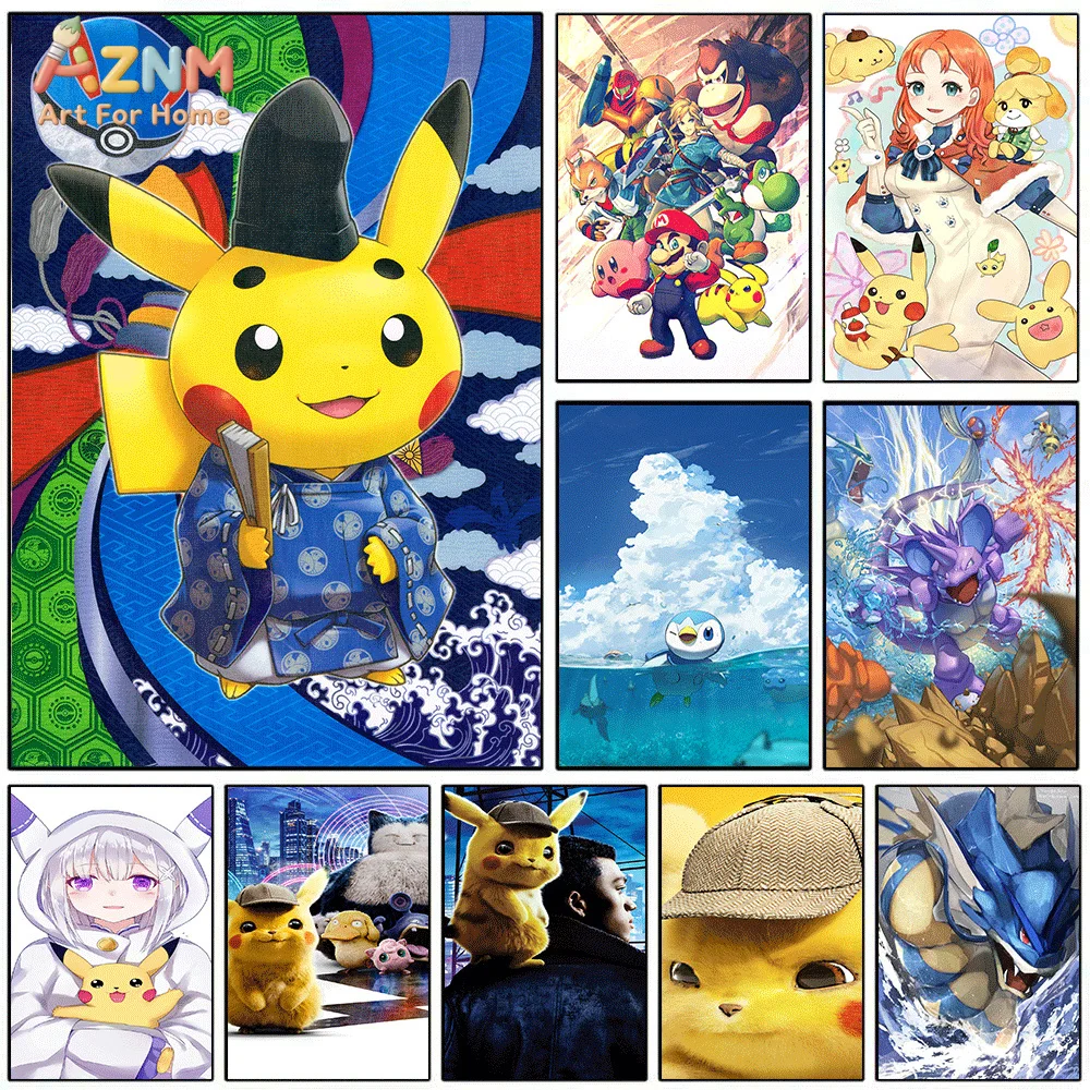 Póster de Lona de Anime Pokémon AZNM, Kimono Pikachu, Piplup, Nidoking, Cosplay, Chica Detective Pikachu, Impresión Artística, Lienzo sin Marco