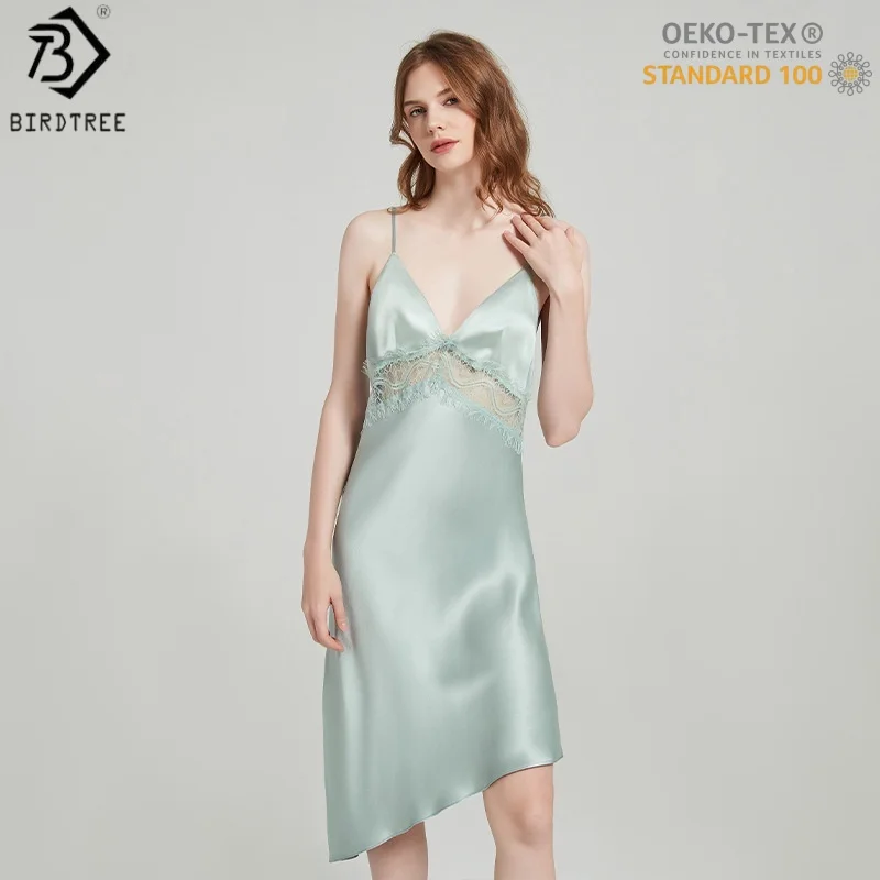 

BirdTree, OEKO-TEX, 19MM 100% Real Silk Pajamas Dresses, Women's Plain Satin Backless Sling Dress, Casual Nightdress D61006JF