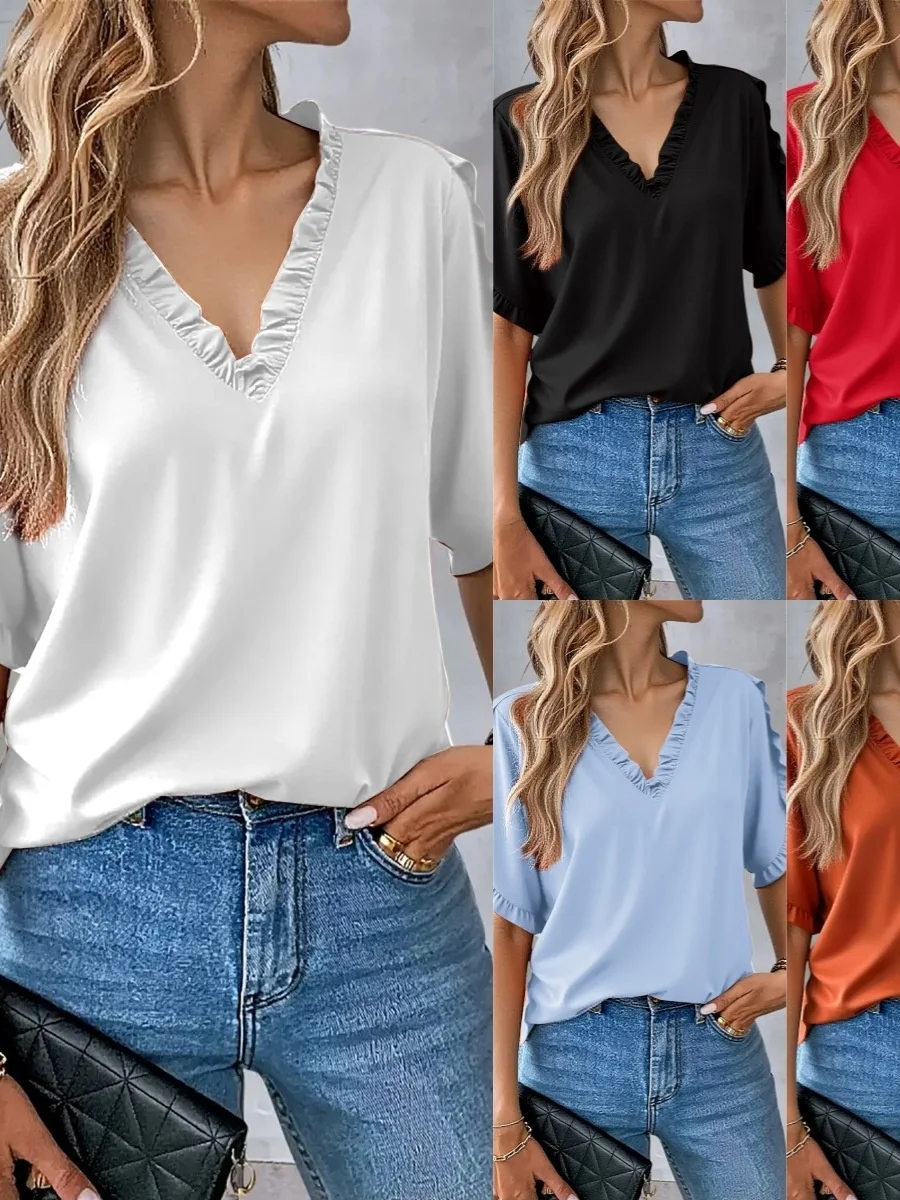 

Pure Color V-ne ort Sve Свободный топ Женская уличная повседневная удобная летняя блузка Faion Fem