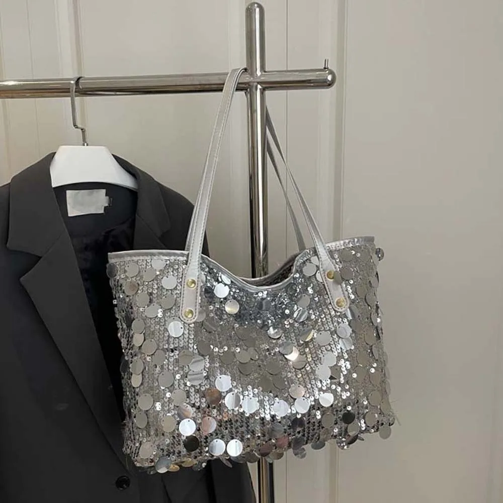 Large Capacity Sequin Tote Bag Lightweight Design Soft Handle Glitter Shoulder Bag Inner Pocket Wear Resistan Shiny Handbag