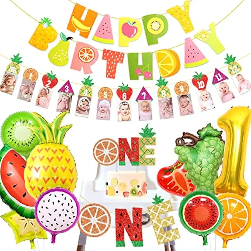 

SurSURPRISE-Fruit Theme One Year Birthday Decoration Supplies, Happy Birthday Banner, Cake Top, High Chair Banner, Fruit Balloon