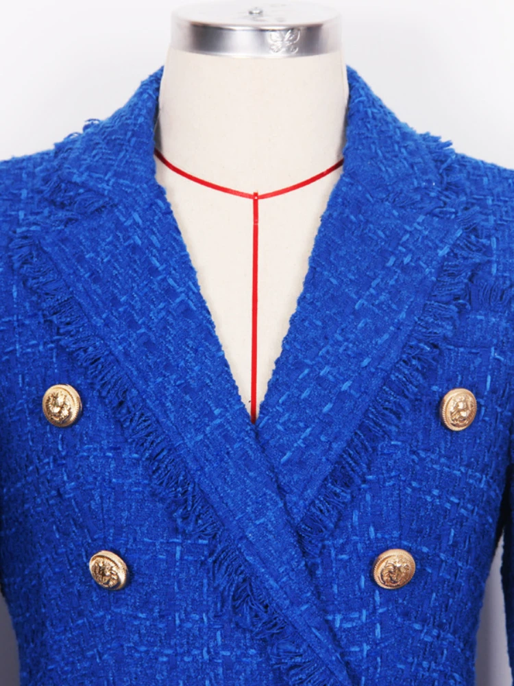 Fashion Vintage Blue Tweed Coat Women 2023 Autumn Y2k High Quality American Style Slim Fit Elegant Commuter Plus Size Blazer 2XL