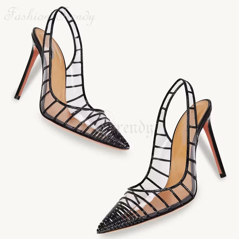 Black Sexy Pinstripe Pointed Pump Women Pink Leather Hollow Pvc Heel Slingback Sandals Light Elegant Dress Seaside Vacation Shoe