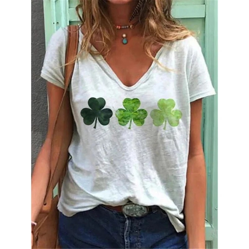 تي شيرت نسائي صيفي 2023 بأكمام قصيرة وياقة على شكل V مع طباعة، أسلوب عصري مريح وقابل للتنفس