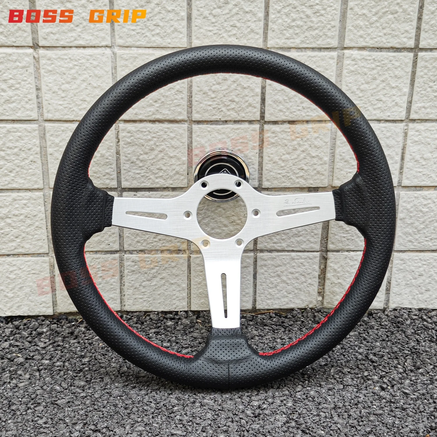 JDM Volante deportivo de cuero de 14 pulgadas Volante clásico universal con costuras rojas