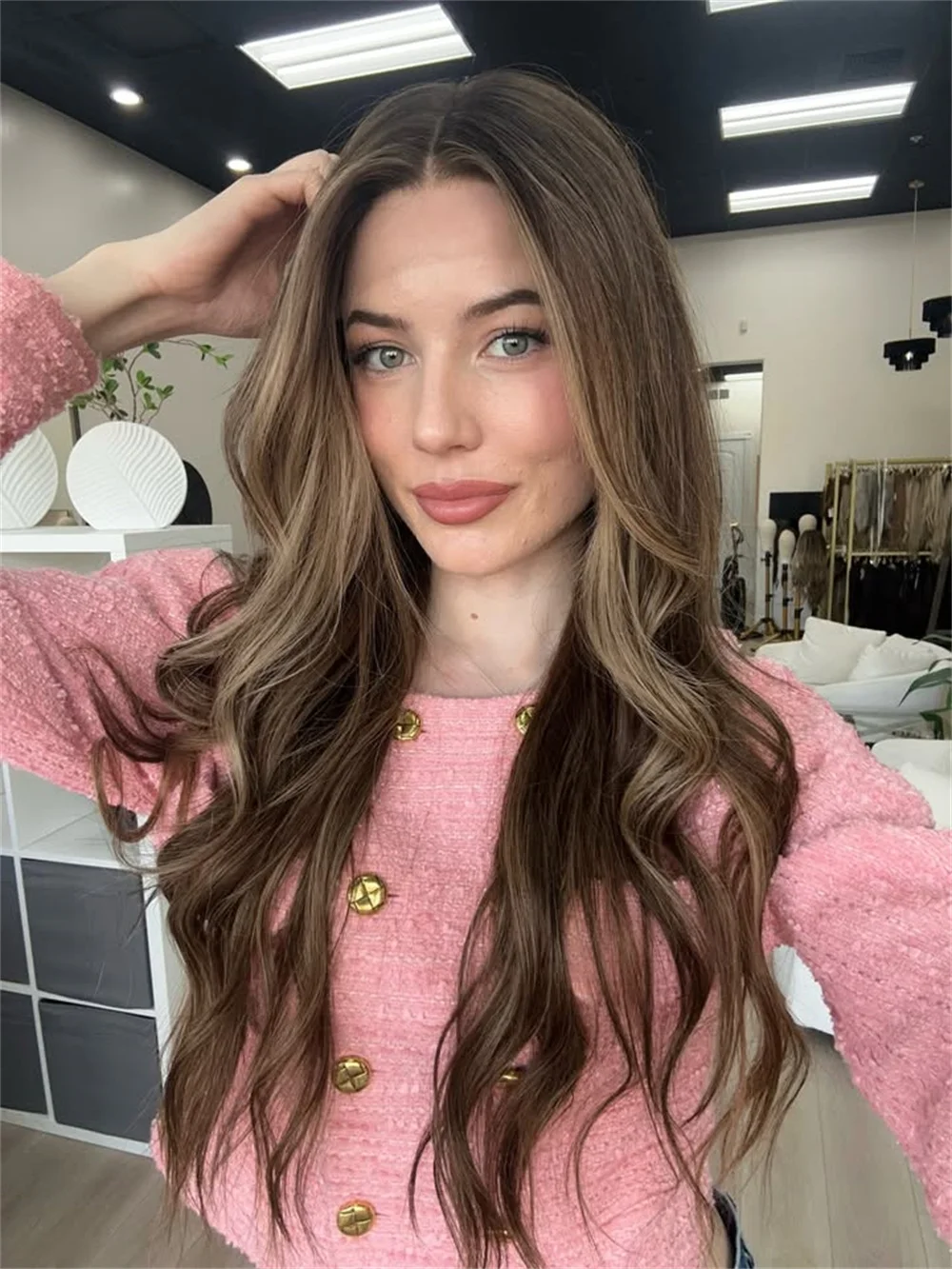 Dark Chestnut Brown Highlights Lace Front Wig Body Wavy Synthetic Hair 13x4 Natural Look High Heat Fiber Brunette Wig Girls Gift
