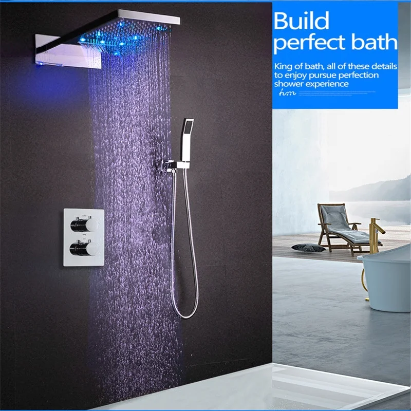 Bathroom Luxury LED Shower Faucet Set Rainfall Waterfall Shower Head With Thermostatic Shower Mixer Diverter Valve Set