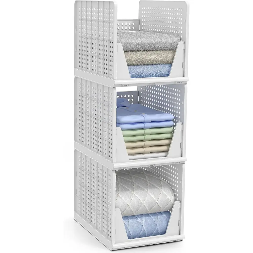 

Stackable Shelf Organizer Baskets – Plastic Closet Organizer for Clothes, Pantry, Bathroom, Kitchen & Garage – Open Front Storag