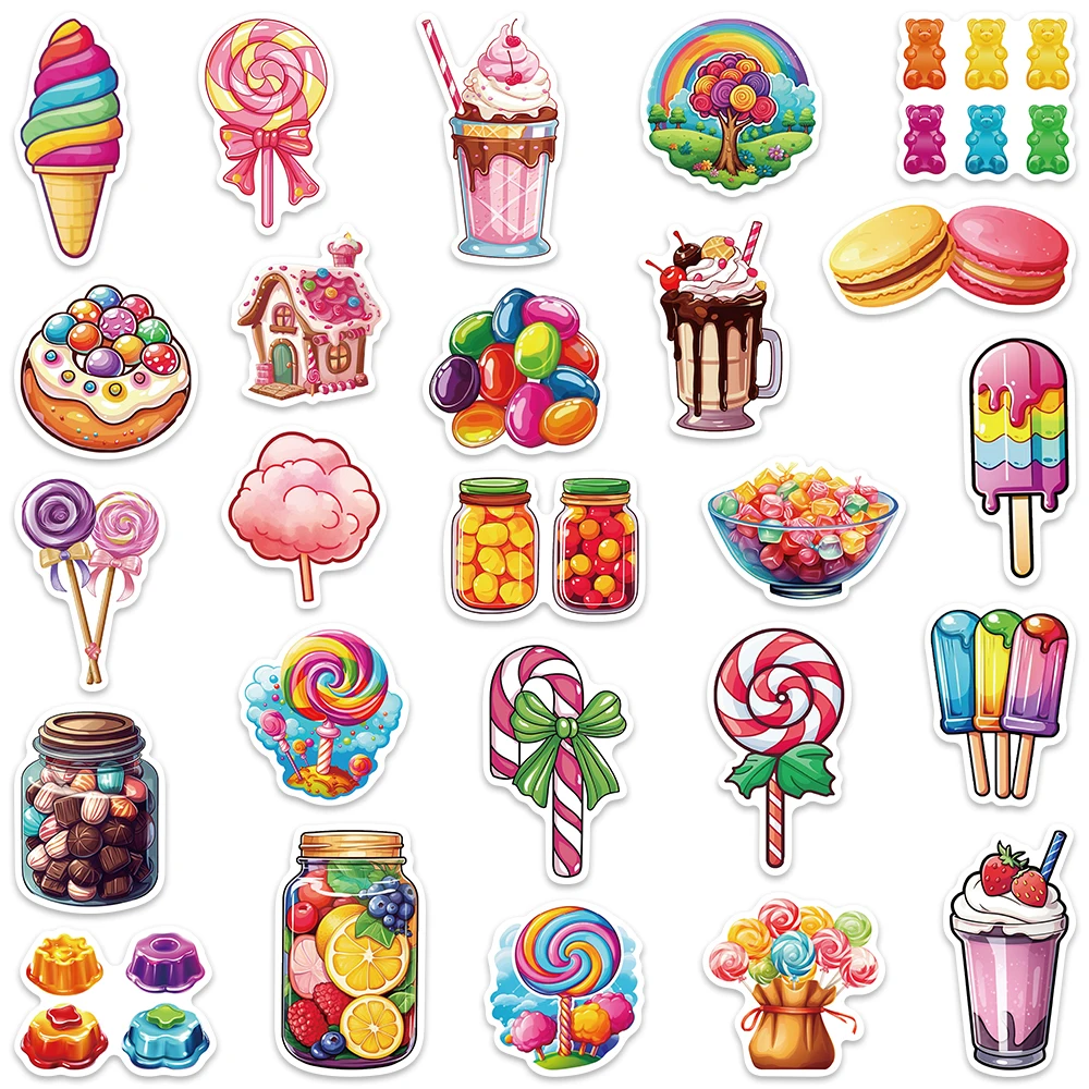 50pcs Aesthetic Cartoon Dessert Lollipop Candy Stickers Cute Kids Water Bottle Sticker Luggage Laptop Guitar Waterproof Decals