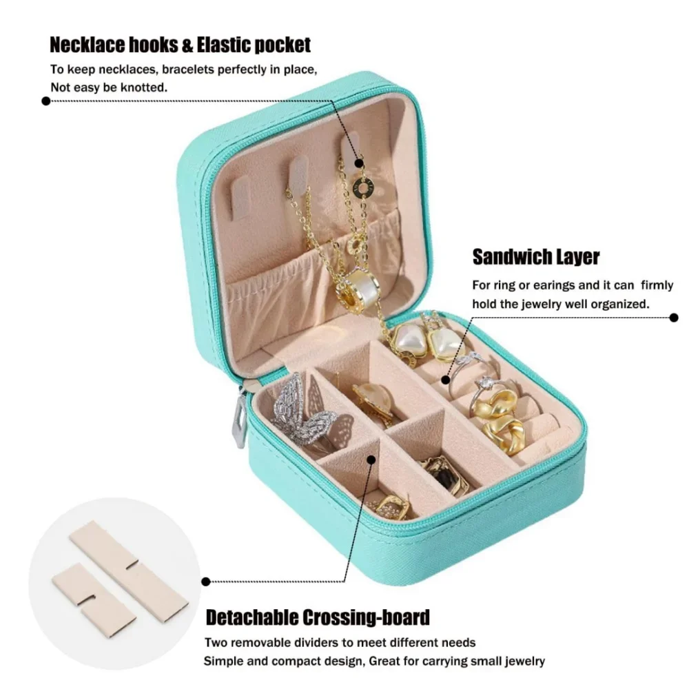 صندوق مجوهرات صغير للسفر، صندوق منظم صغير محمول، صندوق تخزين عرض محمول للخواتم والأقراط والقلائد والهدايا