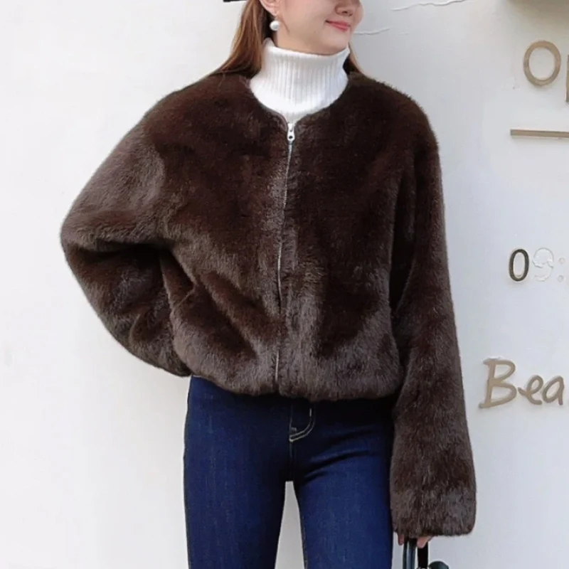 

Women's Brown Faux Fur Zip - Up Jacket - Warm and Stylish Winter Outerwear