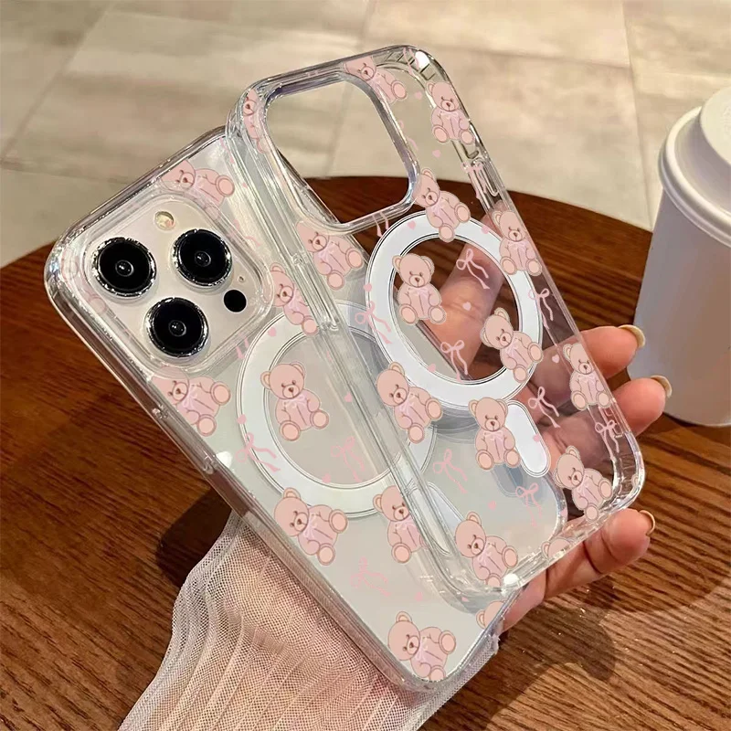 Cute Pink Bow Bear Magnetic Phone Case For iPhone 17 Pro 16 15 14 13 12 11 Pro Max 7 8 Plus 16E 17 Air X XR XS Max Clear Cover product photo