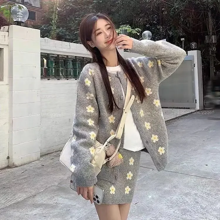 Korejpaa Grey Flower Knitted Suit Women Autumn Korean Style Sweater Cardigan Jacket High Waist Bodycon Skirt Two Piece Set