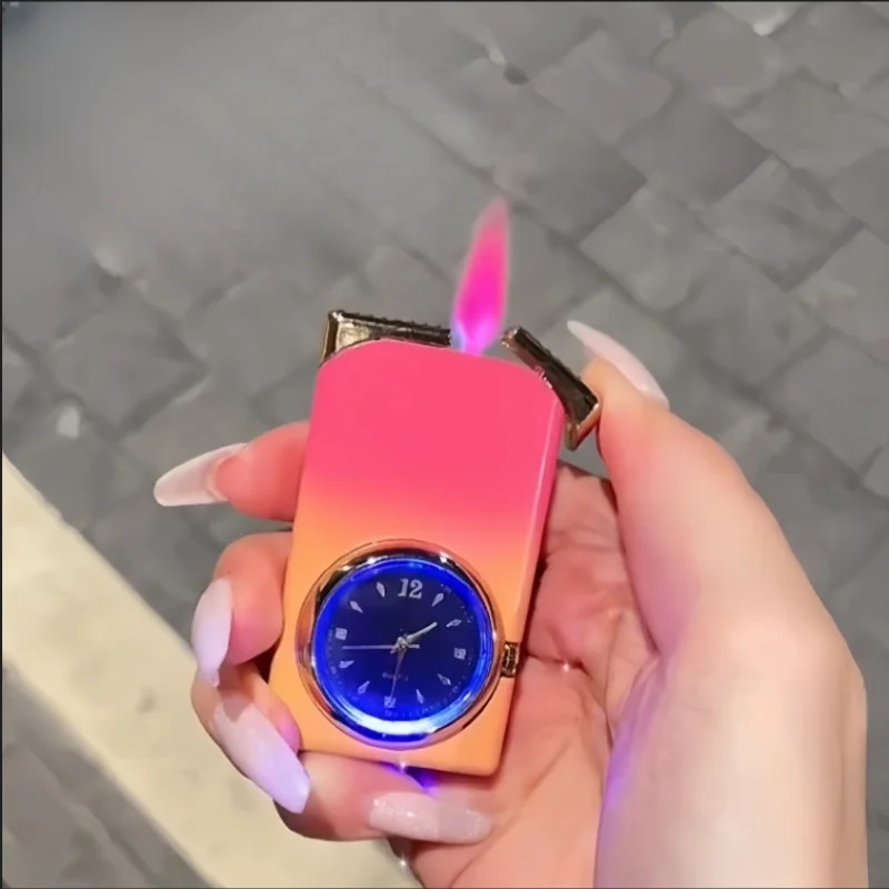 Double Flame Watch Inflatable Gas Lighter Fantasy 3-in-1 Dial Personalized Gradient Color Jet Flame Lighter Cool Gift for Women