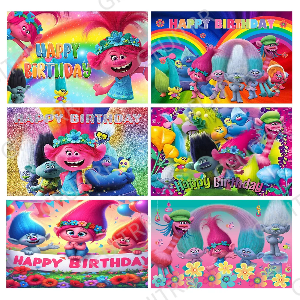 

MINISO Trolls Poppy Photo Backdrop Girls Birthday Party Banner Vinyl Polyester Photography Background Baby Shower Photo Props